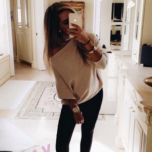 tan/beige off shoulder oversized sweater